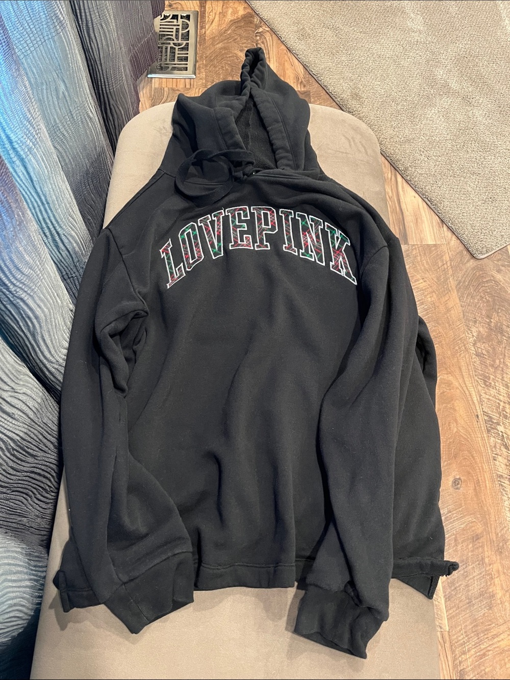 PINK Victoria's Secret Black Hoodie with Holiday Red & Green Plaid LOVE PINK